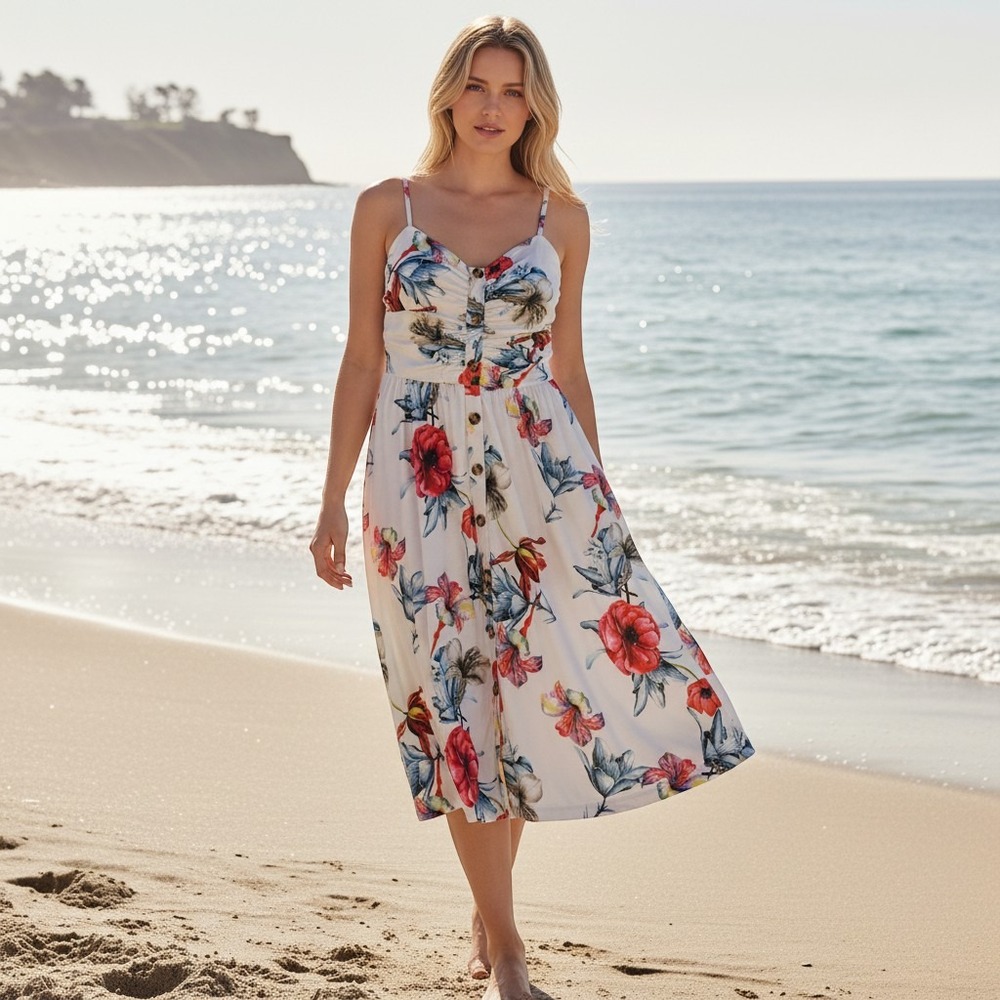 DM Floral Sundress Womens Medium White Excellent Ruched Button Front Midi